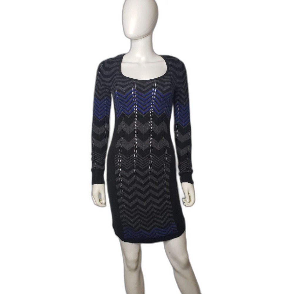 MODA INTERNATIONAL Black and Gray Chevron Sweater Dress Womens Size Small